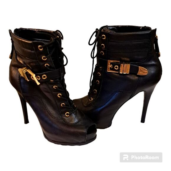 Guess Bieninda Black Leather Peep Toe High Heel Boots Buckle Details 7.5 M - Picture 1 of 15